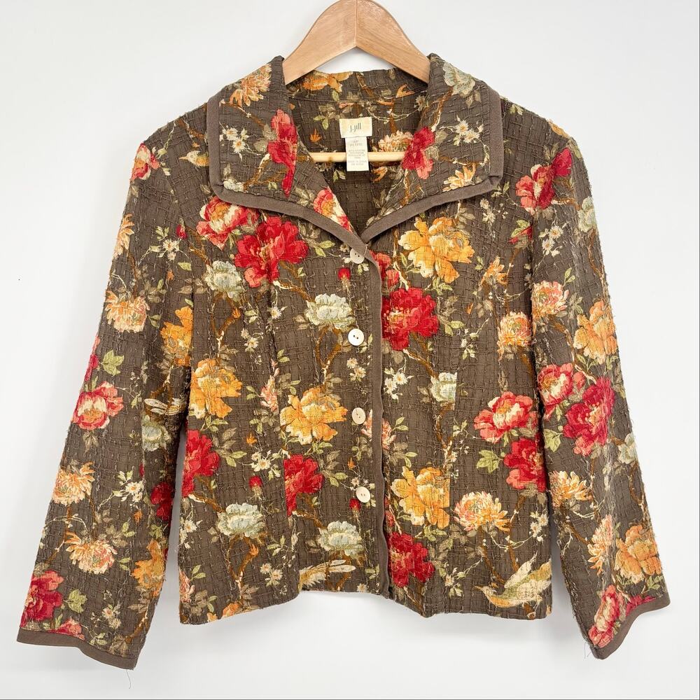 J. Jill Brown Floral Textured Cotton Blend Jacket Size SP